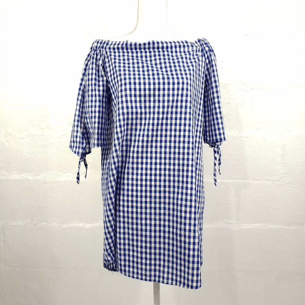 Elan Blue & White Gingham Off-Shoulder Midi Dress